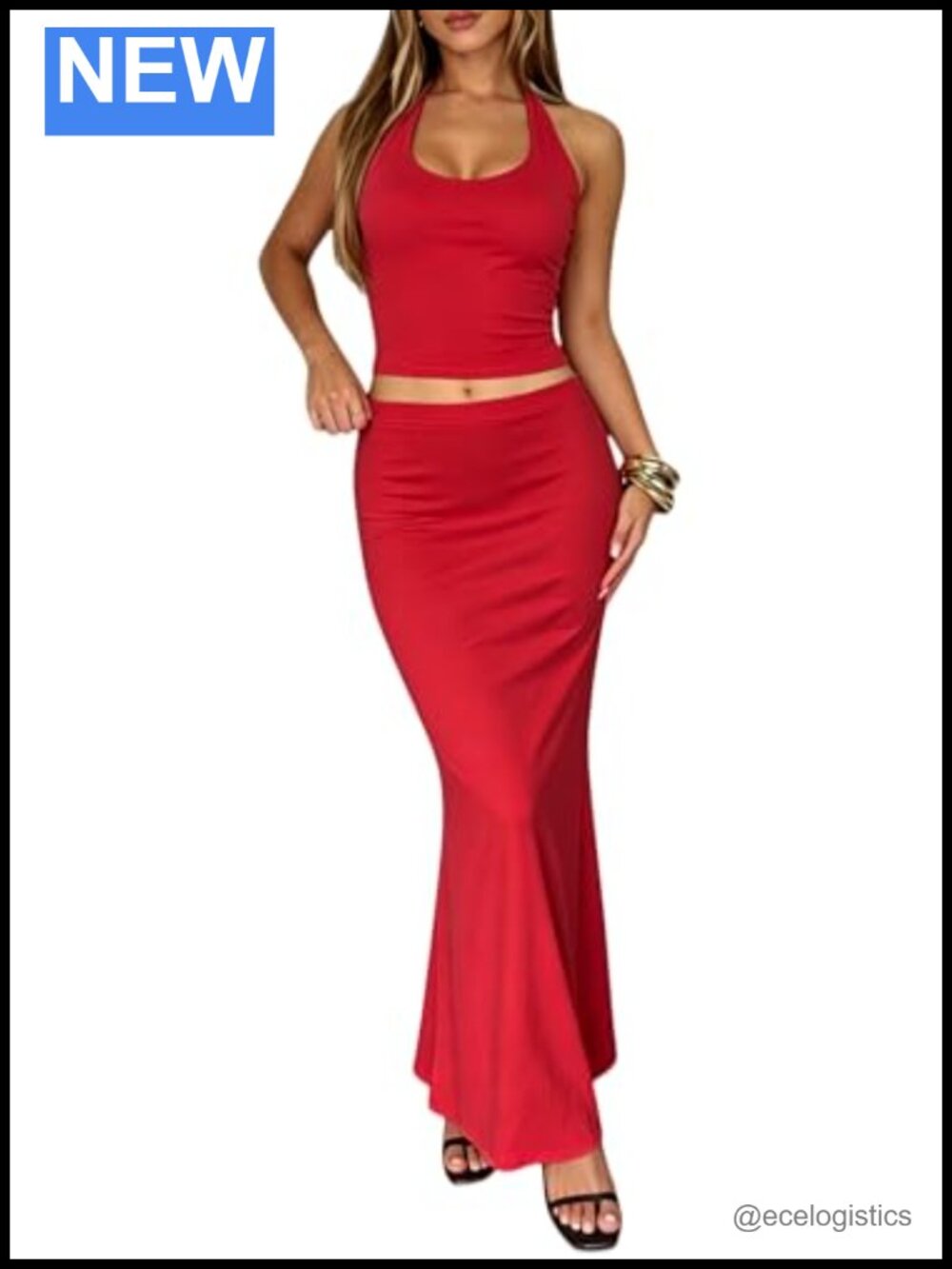 Women's Two Piece Maxi Skirt Set Halter Crop Top Vacation Outfit Sleeveless